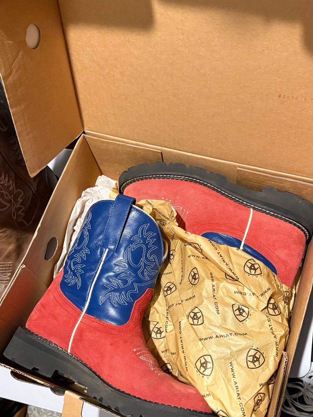 Ariat Red Suede & Blue Leather Ankle Boots - Picture 2 of 5